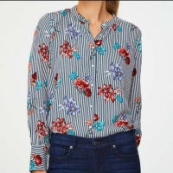 LOFT Striped and Floral Print Blouse, XS - Picture 1 of 5